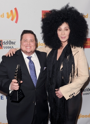 Chaz Bono and Cher backstage at the 23rd Annual GLAAD Media Awards in Los Angeles on April 21, 2012 