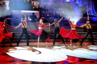 The shirtless men compete during the team paso doble round on ‘Dancing,’ Week 7, April 30, 2012