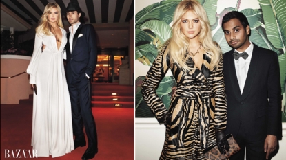 Kate Upton with Jared Leto (left), and with Aziz Ansari (right)