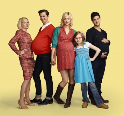 Ellen Barkin as Jane, Andrew Rannells as Bryan, Georgia King as Goldie, Bebe Wood as Shania and Justin Bartha as David in ‘The New Normal’ on NBC, airing Tuesdays at 9:30 in Fall 2012