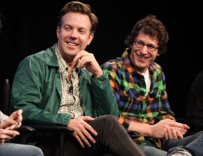 Jason Sudeikis and Andy Samberg are seen during the 2010 New Yorker Festival at Acura at SIR Stage37 in New York City on October 3, 2010 