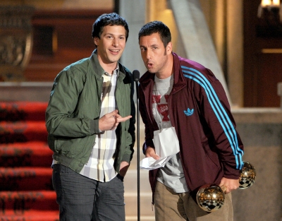 Andy Samberg and Adam Sandler speak at Spike TV’s 6th Annual ‘Guys Choice Awards’ at Sony Pictures Studios in Culver City, Calif., on June 2, 2012