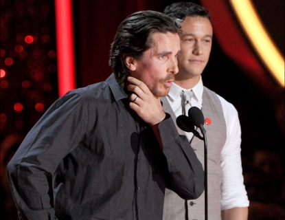Christian Bale and Joseph Gordon-Levitt speak onstage during the 2012 MTV Movie Awards held at Gibson Amphitheatre in Universal City, Calif. on June 3, 2012