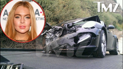 Porshe reportedly belonging to Lindsay Lohan following crash on June 8, 2012; inset: Lindsay Lohan