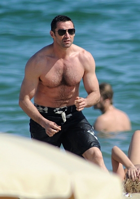 Hugh Jackman is seen on the beach in Barcelona, Spain on June 20, 2012