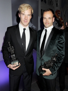 Best Actor joint winners Benedict Cumberbatch and Jonny Lee Miller attend an after party following the 57th Evening Standard Theatre Awards at The Savoy Hotel, London, on November 20, 2011