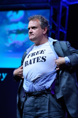 ‘Downton Abbey’s’ Hugh Bonneville reveals a ‘Free Bates’ T-shirt at the ‘Downton Abbey’ panel at the PBS portion of the Television Critics Association summer tour at the Beverly Hilton, July 21, 2012