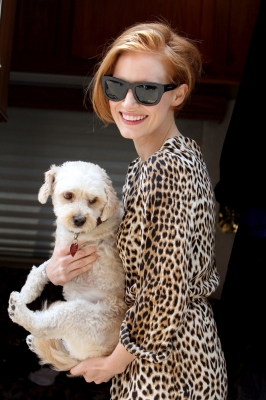 Jessica Chastain is spotted out walking her dog Chaplin in New York City on July 23, 2012