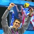 Michael Phelps celebrates after his gold medal – and record-setting win for most decorated Olympic athlete ever — after the Men’s 4 x 200m Freestyle Relay final on Day 4 of the London 2012 Olympic Games at the Aquatics Centre on July 31, 2012