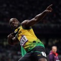 Usain Bolt of Jamaica celebrates winning gold in the Men’s 100m Final on Day 9 of the London 2012 Olympic Games at the Olympic Stadium in London on August 5, 2012 
