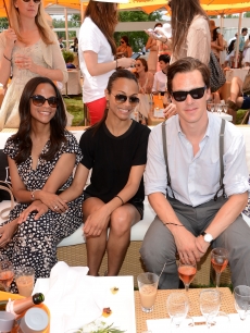 Cisely Saldana, Zoe Saldana and Benedict Cumberbatch pose at the VIP Marquee during the fifth Annual Veuve Clicquot Polo Classic, Jersey City, on June 2, 2012 