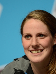 Missy Franklin of the United States speak to the media during a press conference on Day 8 of the London 2012 Olympic Games at the Aquatics Centre on August 4, 2012 