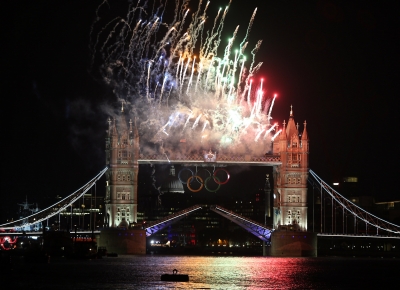 Fireworks light up Tower Bridge as the London 2012 Olympics opening ceremony takes place in London on July 27, 2012 