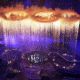 Rings representing both the Olympics and the Industrial Revolution are lit and lifted during the Opening Ceremony of the London 2012 Olympic Games at the Olympic Stadium in London on July 27, 2012 