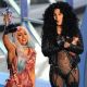 Lady Gaga accepts award from Cher on stage at the 2010 MTV Video Music Awards held at Nokia Theatre L.A. Live in Los Angeles on September 12, 2010 