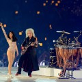 Brian May and Roger Taylor of Queen perform alongside Jessie J during the Closing Ceremony on Day 16 of the London 2012 Olympic Games at Olympic Stadium on August 12, 2012
