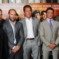 Jean-Claude Van Damme, Jason Statham, Arnold Schwarzenegger, Sylvester Stallone and Dolph Lundgren and Scott Adkins attend a photocall for The Expendables 2 in London on August 13, 2012