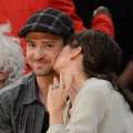 Justin Timberlake and Jessica Biel kiss at the Los Angeles Lakers vs Utah Jazz game at Staples Center in Los Angeles on April 21, 2009