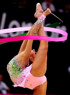 Evgeniya Kanaeva of Russia competes during the Individual All-Around Rhythmic Gymnastics final on Day 15 of the London 2012 Olympics Games at Wembley Arena on August 11, 2012