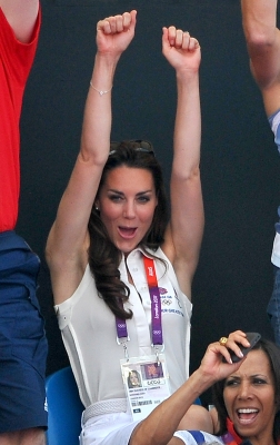 Catherine, Duchess of Cambridge cheers at the Women’s Hockey bronze medal match between New Zealand and Great Britain at the 2012 Olympic Games at Riverbank Arena Hockey Centre in London on August 10, 2012