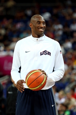 Team USA’s Kobe Bryant looks on ahead of the Men’s Basketball gold medal game between the United States and Spain at the London 2012 Olympics Games on August 12, 2012
