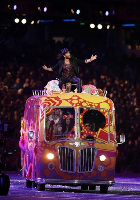  Russell Brand performs during the Closing Ceremony on Day 16 of the London 2012 Olympic Games at Olympic Stadium on August 12, 2012