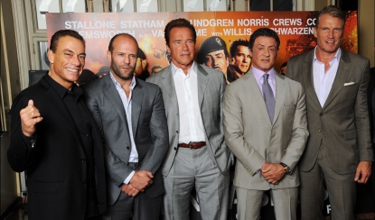 Jean-Claude Van Damme, Jason Statham, Arnold Schwarzenegger, Sylvester Stallone and Dolph Lundgren and Scott Adkins attend a photocall for The Expendables 2 in London on August 13, 2012