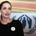 Angelina Jolie briefs the press during her visit to the Zaatari refugee camp near the Jordanian border with Syria, on September 11, 2012
