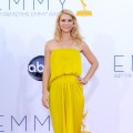 Claire Danes hides her baby bump in a strapless yellow dress at the 64th Annual Primetime Emmy Awards in Los Angeles on September 23 2012 