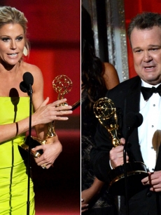 ‘Modern Family’ stars Julie Bowen and Eric Stonestreet on stage at the 2012 Emmy Awards