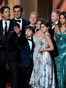 The cast and crew of “Modern Family” takes the stage at the 2012 Emmy Awards