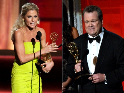 ‘Modern Family’ stars Julie Bowen and Eric Stonestreet on stage at the 2012 Emmy Awards