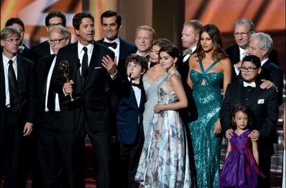 The cast and crew of “Modern Family” takes the stage at the 2012 Emmy Awards