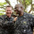 Robert Patrick (Master Chief Prosser) with Andre Braugher (Capt. Marcus Chaplin) on the ‘Last Resort’ set