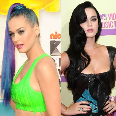 Katy Perry began a trend with her colorful hairstyles, but six months later, the pop star returned to her black waves just in time for the MTV Video Music Awards in Los Angeles on September 6, 2012 