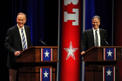 Bill O’Reilly and Jon Stewart onstage at The Rumble In The Air-Conditioned Auditorium at Lisner Auditorium at George Washington University on October 6, 2012 in Washington, D.C.