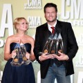 Miranda Lambert and Blake Shelton pose in the press room at the 46th annual CMA Awards at the Bridgestone Arena in Nashville, Tennesseeon November 1, 2012