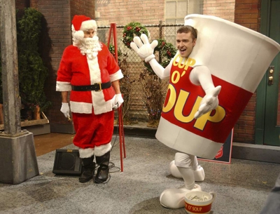 Justin Timberlake dresses up as a cup of soup as he joins Will Forte as Santa Claus on ‘Saturday Night Live’ in New York City 