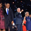 President Barack Obama flanked by First Lady Michelle Obama, and Vice-President Joe Biden and Second Lady Jill Biden wave to supporters following Obama’s speech on election night November 6, 2012 in Chicago