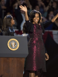 : Malia Obama and first lady Michelle Obama appear after Obama’s victory speech on election night at McCormick Place on November 6, 2012 in Chicago