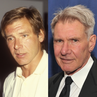 Harrison Ford, known for his role as Han Solo in the original ‘Star Wars’ film, is shown in 1985 and 27 years later in 2012