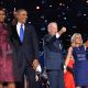 President Barack Obama flanked by First Lady Michelle Obama, and Vice-President Joe Biden and Second Lady Jill Biden wave to supporters following Obama’s speech on election night November 6, 2012 in Chicago