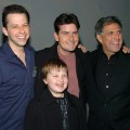Jon Cryer, Charlie Sheen, Leslie Moonves, co-president and co-COO Viacom and chairman CBS, and Angus T. Jones, Jan. 18, 2005