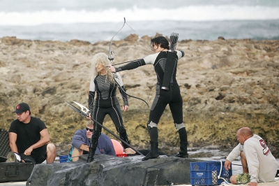 Jennifer Lawrence and Lynn Cohen in action on the set of ‘The Hunger Games: Catching Fire’ in Hawaii on November 26, 2012