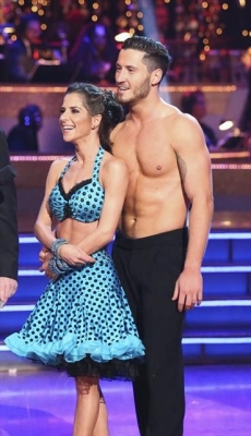 Kelly Monaco and Valentin Chmerkovskiy listen to the judges after their instant dance on the ‘Dancing with the Stars: All-Stars’ Season finale, Nov. 27, 2012