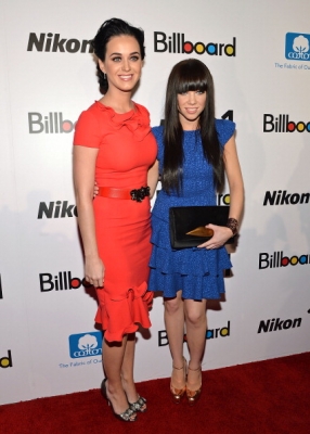 A glamorous Katy Perry  and Carly Rae Jepsen shine on the carpet of the 2012 Billboard Women In Music Luncheon at Capitale on November 30, 2012 in New York City