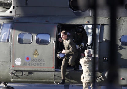 Tom Cruise is spotted flying in and RAF helicopter on set for the movie ‘All You Need Is Kill’ being filmed in Trafalgar Square, London, on November 25, 2012