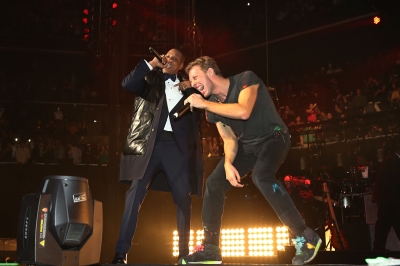 Jay-Z and Chris Martin of Coldplay perform together at Barclays Center on December 31, 2012 in Brooklyn, NY