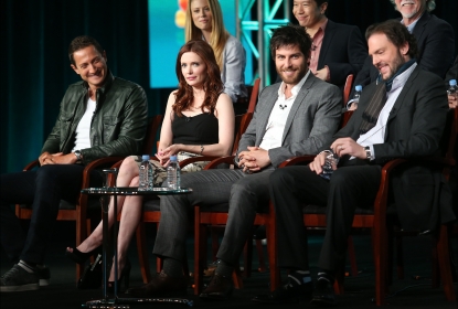 Sasha Roiz, Bitsie Tulloch, David Giuntoli, and Silas Weir Mitchel speak onstage at the ‘Grimm’ panel session during the NBCUniversal portion of the 2013 Winter TCA Tour- Day 3 at the Langham Hotel on January 6, 2013 in Pasadena, California