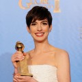 Anne Hathaway, winner of Best Supporting Actor in a Motion Picture for ‘Les Miserables,’ poses in the press room during the 70th Annual Golden Globe Awards held at The Beverly Hilton Hotel in Beverly Hills, Calif., on January 13, 2013